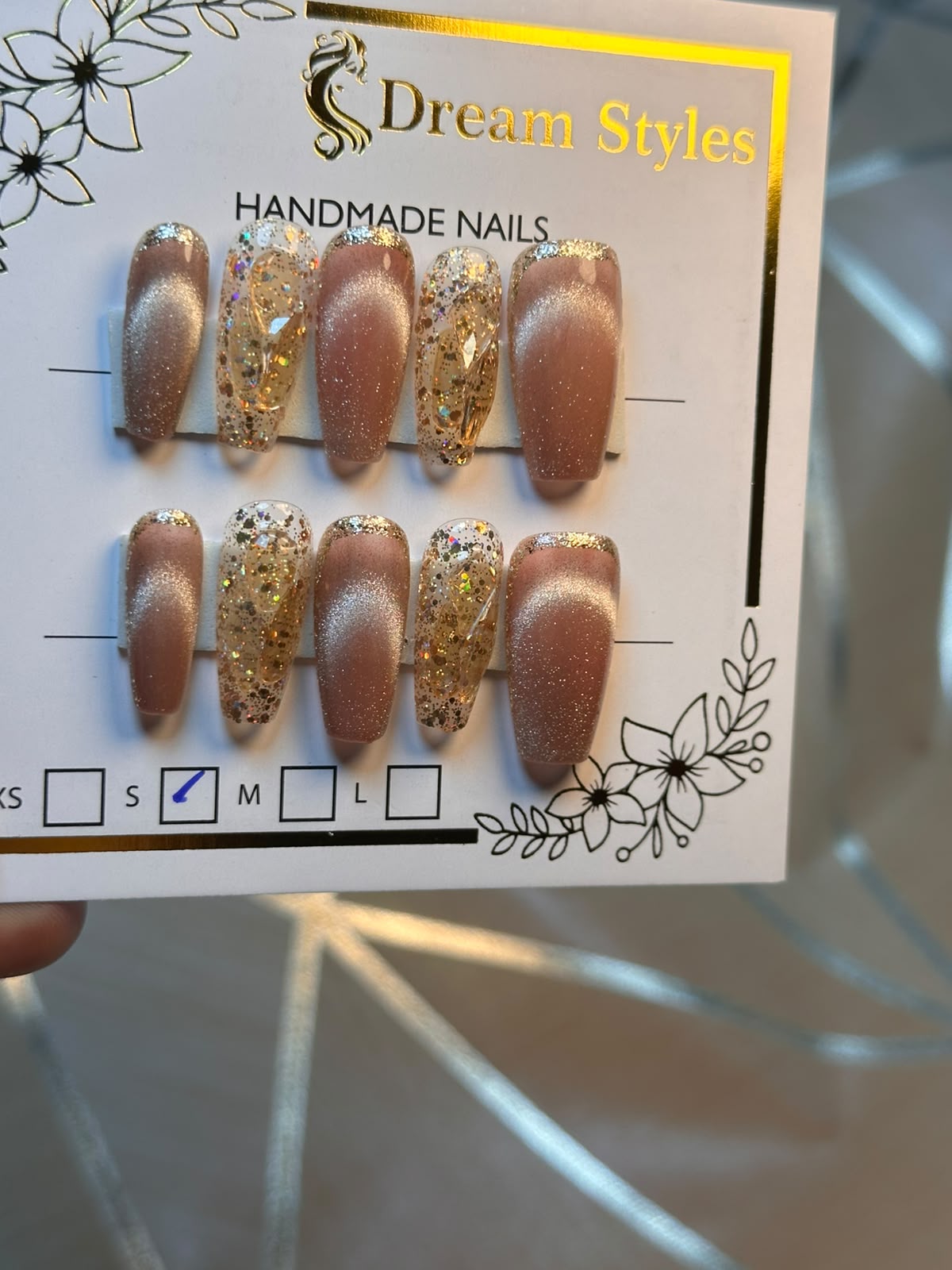Light Marble Brown  Long Length Cat Eye Hand Made Nails